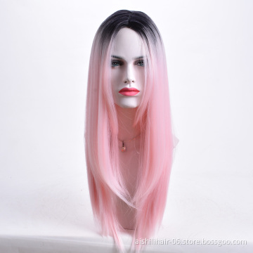 Aishili wholesale heat resistant long straight synthetic hair ombre black to pink synthetic hair wigs for women